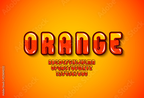 Orange font, alphabet in the cartoon style, bright rounded letters and numbers
