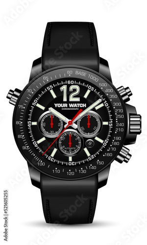 Realistic watch clock chronograph black face red arrow with leather strap on white design classic luxury fashion for men vector