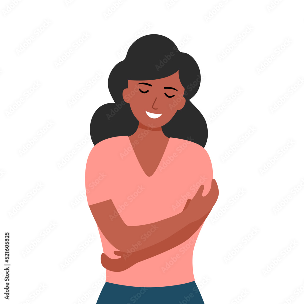 Self love concept vector illustration. Young pretty African woman hugging herself in flat design. Happiness. Self love concept vector illustration. Young pretty African woman hugging herself in flat design. Happiness.
