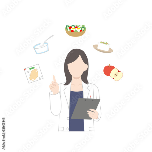 ダイエットに適した食事を説明する　栄養士　医者　女医　白衣を着た女性　イラスト