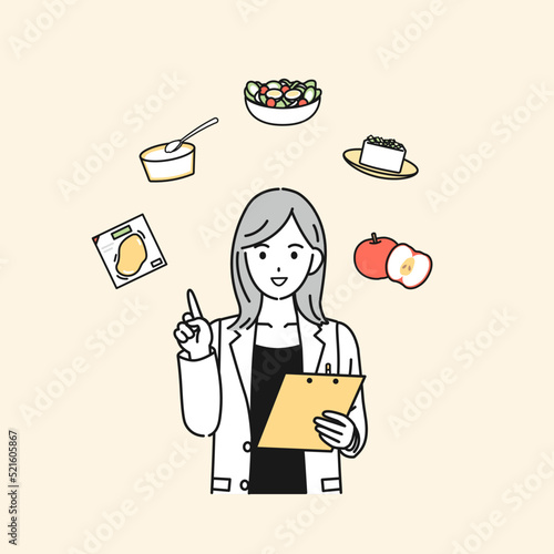 ダイエットに適した食事を説明する　栄養士　医者　女医　白衣を着た女性　イラスト