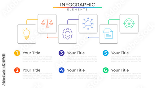 Six steps timeline infographic elements concept design vector with icons. Business annual network project template for presentation and report.