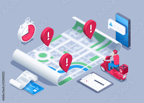 isometric vector illustration on a gray background, a man from a delivery service on a scooter near a map with location icons, a smartphone with a message and a tablet with a pen