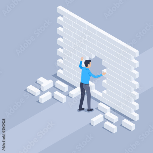 isometric vector illustration on a gray background, a man in business clothes looks with interest into a hole in the wall, new opportunities or ways