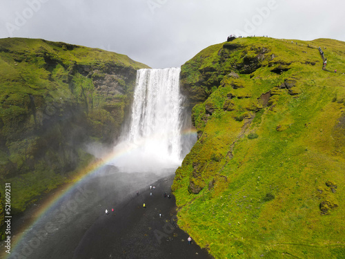Drone view at Skogafoss waterfall in iceland