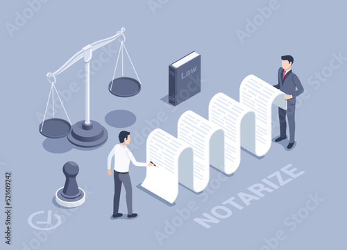 isometric vector illustration on a gray background, a man signs a document near a libra and a book with laws, notarize or legal assistance