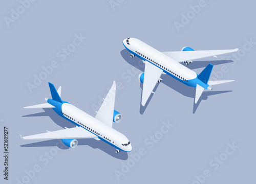 isometric vector illustration on gray background, civil passenger plane back and front view, air transport or airplane