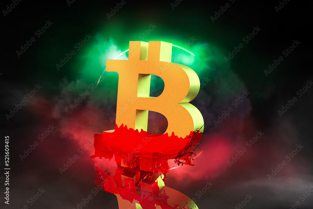 Cryptocurrency market, fall of bitcoin, 3d graphics of a currency dripping with blood during a bear market.