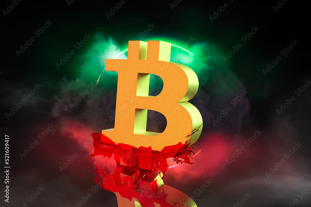 Cryptocurrency market, fall of bitcoin, 3d graphics of a currency dripping with blood during a bear market.