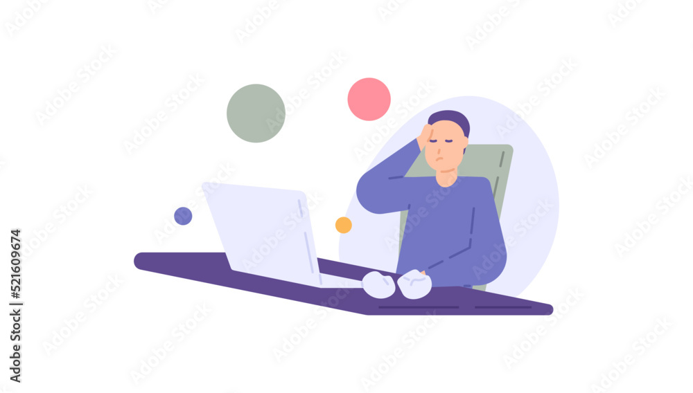 metaphor for crisis of ideas and inspiration. an employee experiences burnout and lacks or runs out of ideas. think with a laptop. the mind is stuck and less creative. flat cartoon illustration metaphor for crisis of ideas and inspiration. an employee experiences burnout and lacks or runs out of ideas. think with a laptop. the mind is stuck and less creative. flat cartoon illustration