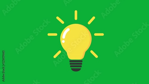 Animated Flat Light Bulb Gif Isolated on Green Chroma Key Background. Idea, Education or Technology Concept 4K Video motion graphic icon animation. Turning on Light Bulb Animation with light rays.