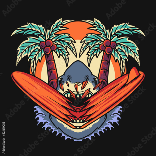 Shark Break The Surfing Board Retro Vector Illustration