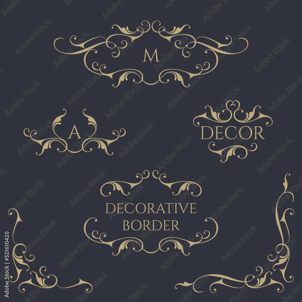 Set of monogram frames, corners and borders. Graphic design pages.