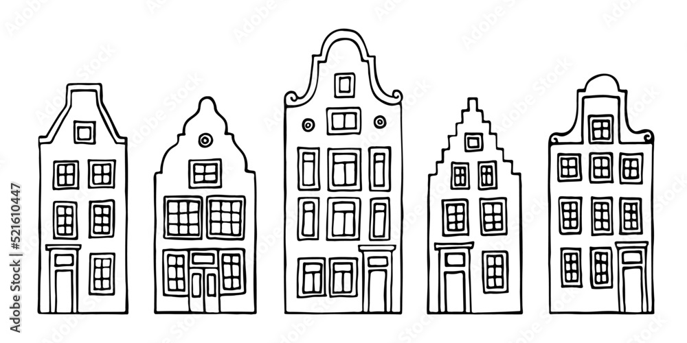 A set of doodle dutch canal houses. Architecture of Netherlands.Typical Amsterdam buildings. Hand-drawn vector illustration