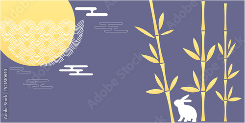 Mid Autumn festival decoration background. Mid autumn event banner decoration with bamboo forest, full moon and rabbits. Chinese traditional festival design elements. Vector illustration.