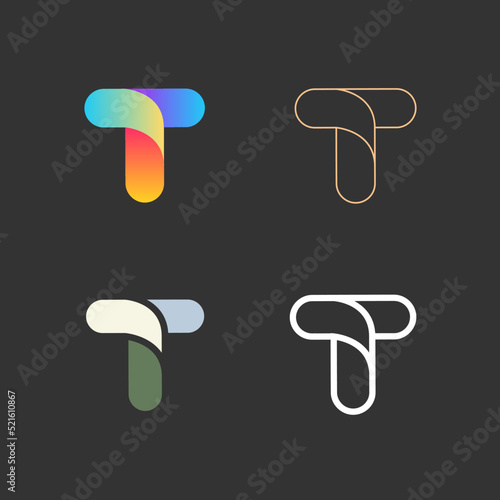 Set of letters T from abstract multicolors shapes and lines. Template elements. Vector logo design.