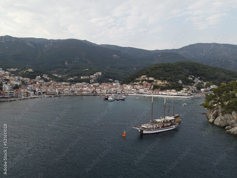 Aerial View Pirate Ships Near Island Of Panagia In Famous Tourist Destination Parga Town The Greek Caribbean Of Epirus Greece
