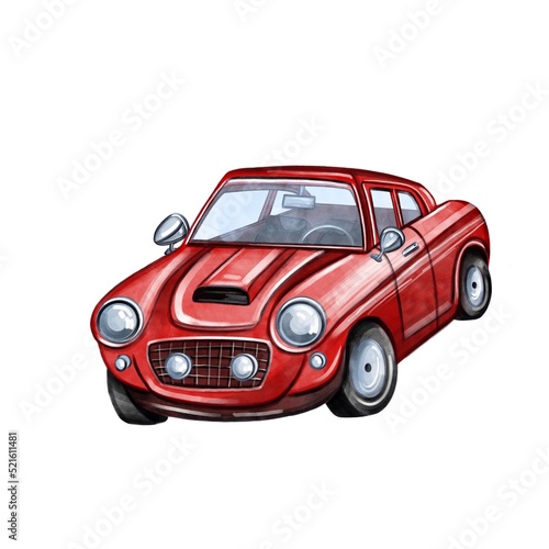 red sports car. Children's illustration of a car. Sketch of a car for postcards, posters. Print for children's clothes, children's rooms.
