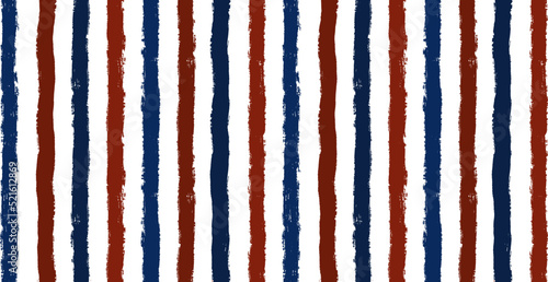 Stripes pattern, red and blue striped seamless vector background, patriotic american watercolor brush strokes. USA colors grunge stripes