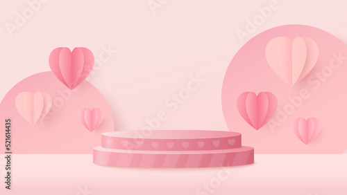 Podium platform to show product with heart balloons pink background. Vector illustration
