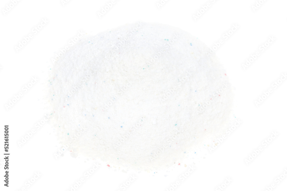 Laundry detergent for washing machines isolated white background. Washing powder. White wash powder with with colored granules