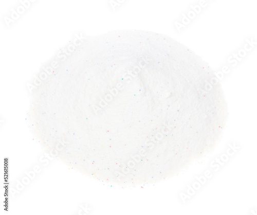 Laundry detergent for washing machines isolated white background. Washing powder. White wash powder with with colored granules