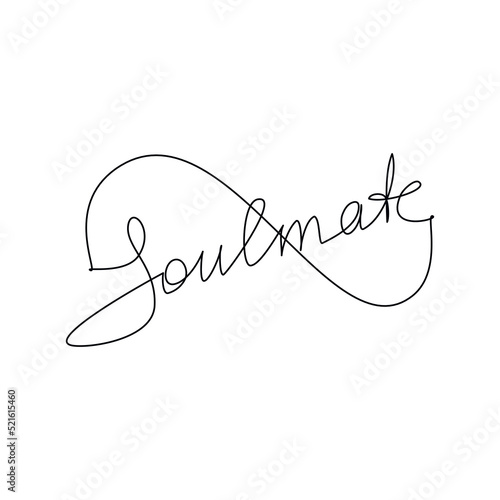Infinity symbol with word Soulmate. Linear slogan handwritten lettering. One line continuous phrase vector drawing. Modern calligraphy, text design element for print, banner, wall art poster, card.