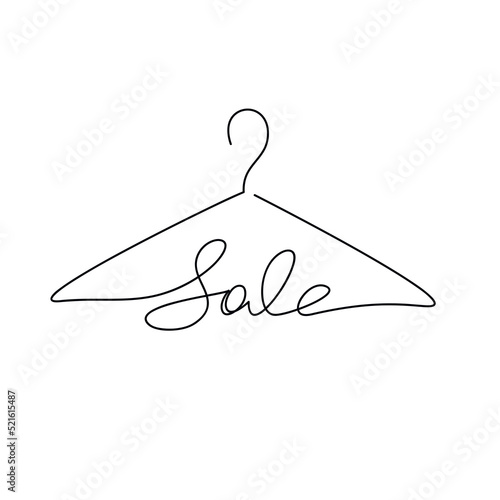 Sale sign vector. One line continuous lettering. Hand drawn clothes hanger icon for banner, flyer, showcase design, retail shop, outlet.