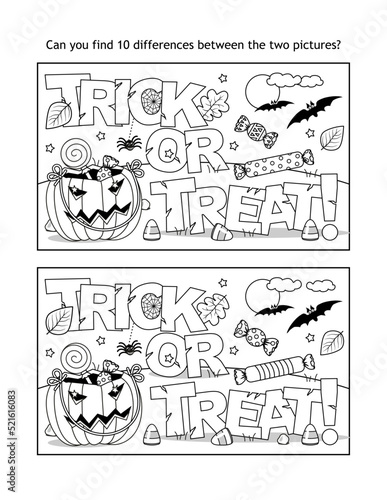 Halloween  Trick or treat   find the differences picture puzzle and coloring page 