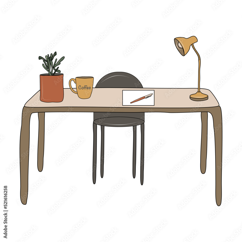Vector isolated workspace on a white background. Table and chair. Lamp and houseplant. Colorful flat illustration. Vector isolated workspace on a white background. Table and chair. Lamp and houseplant. Colorful flat illustration.