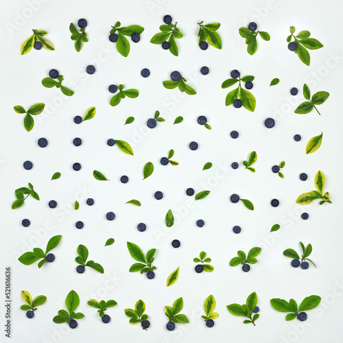   Pattern  from fresh ripe blueberries with green leaves isolated on white background . Top view, flat lay.