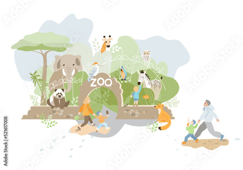 Families with children visit the zoo with cute animals. People interact with them. Vector flat illustration.