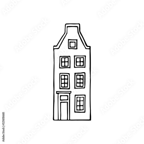 Doodle dutch canal houses. Typical Amsterdam buildings. Architecture of Netherlands. Hand drawn vector illustration