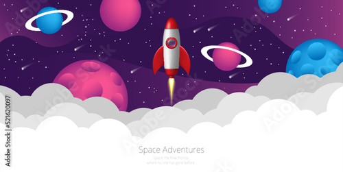 Space background with rocket. Galaxy and universe space cartoon poster.