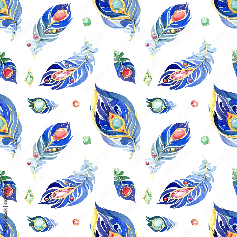 Fototapeta premium Watercolor seamless pattern. Magic and jewelry feathers. Hand draw fabulous feather with gem stone. Isolated on a white background.
