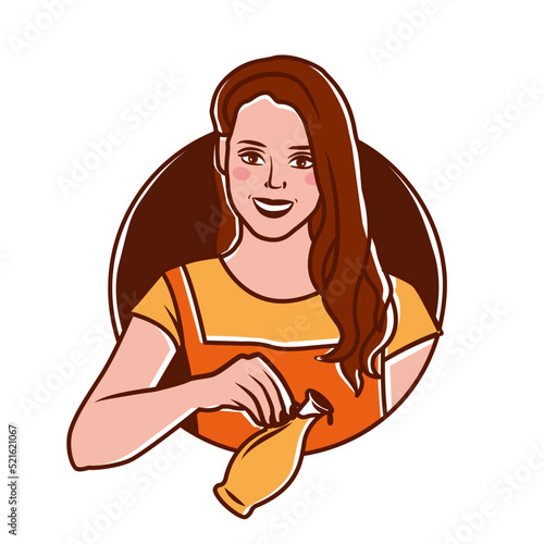 Logo with a girl holding a bottle of vegetable oil in her hand.