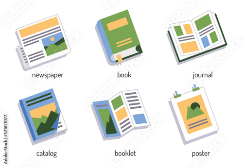 A set of color icons for the printing site newspaper, book, magazine, catalog, booklet, poster.