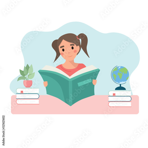Girl sitting at the table reading book. Studiyng girl vector illustration