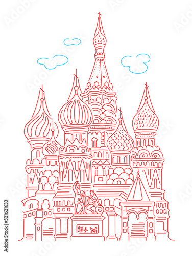 Basil's Cathedral in Moscow on Red Square. Landmark of Russia. Vector linear illustration isolated on white background