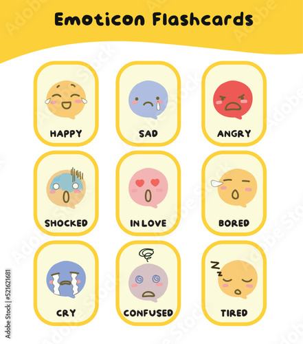 Set of emoticons expressing feelings with adjective words illustration.