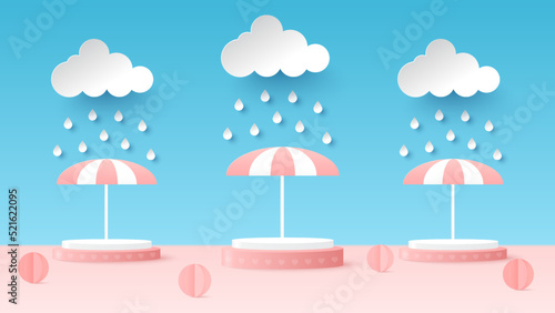 Podium platform to show product with umbrella in the rainy season. Rainy concept. Vector illustration