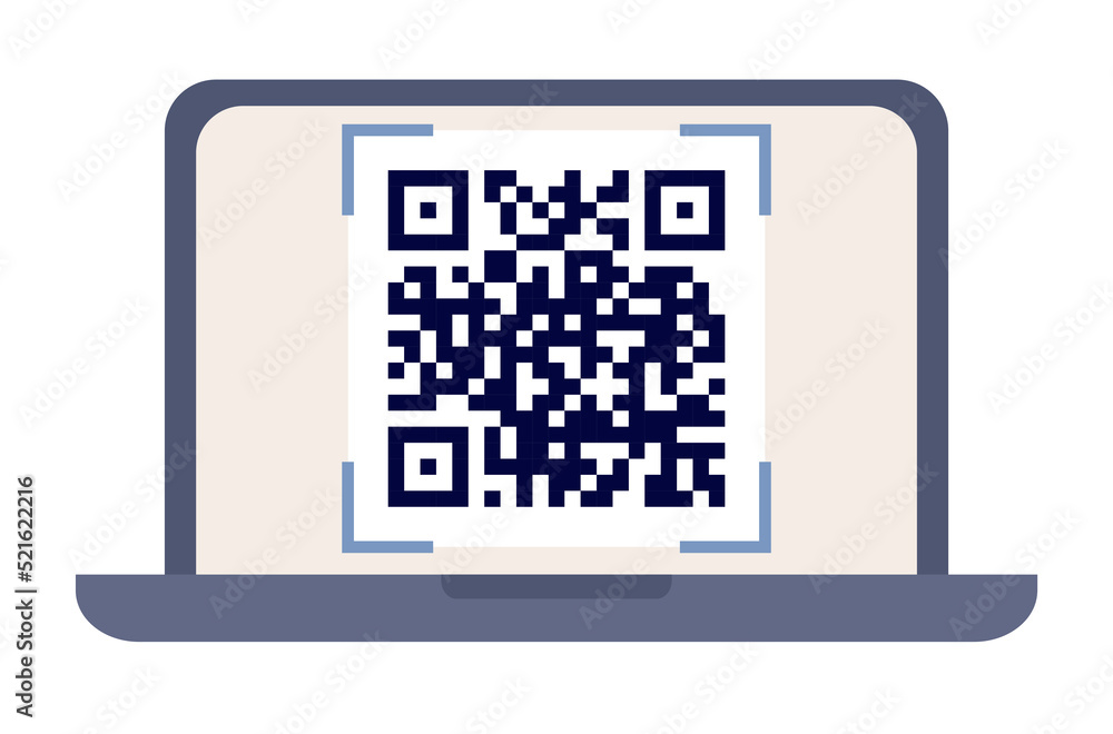 QR code icon. Laptop with qr code on screen. Special identity code sign. Vector flat illustration QR code icon. Laptop with qr code on screen. Special identity code sign. Vector flat illustration