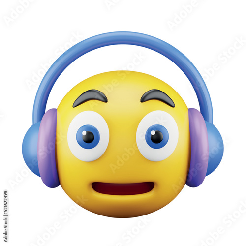 Listening music emoji face 3d rendering isometric icon.
