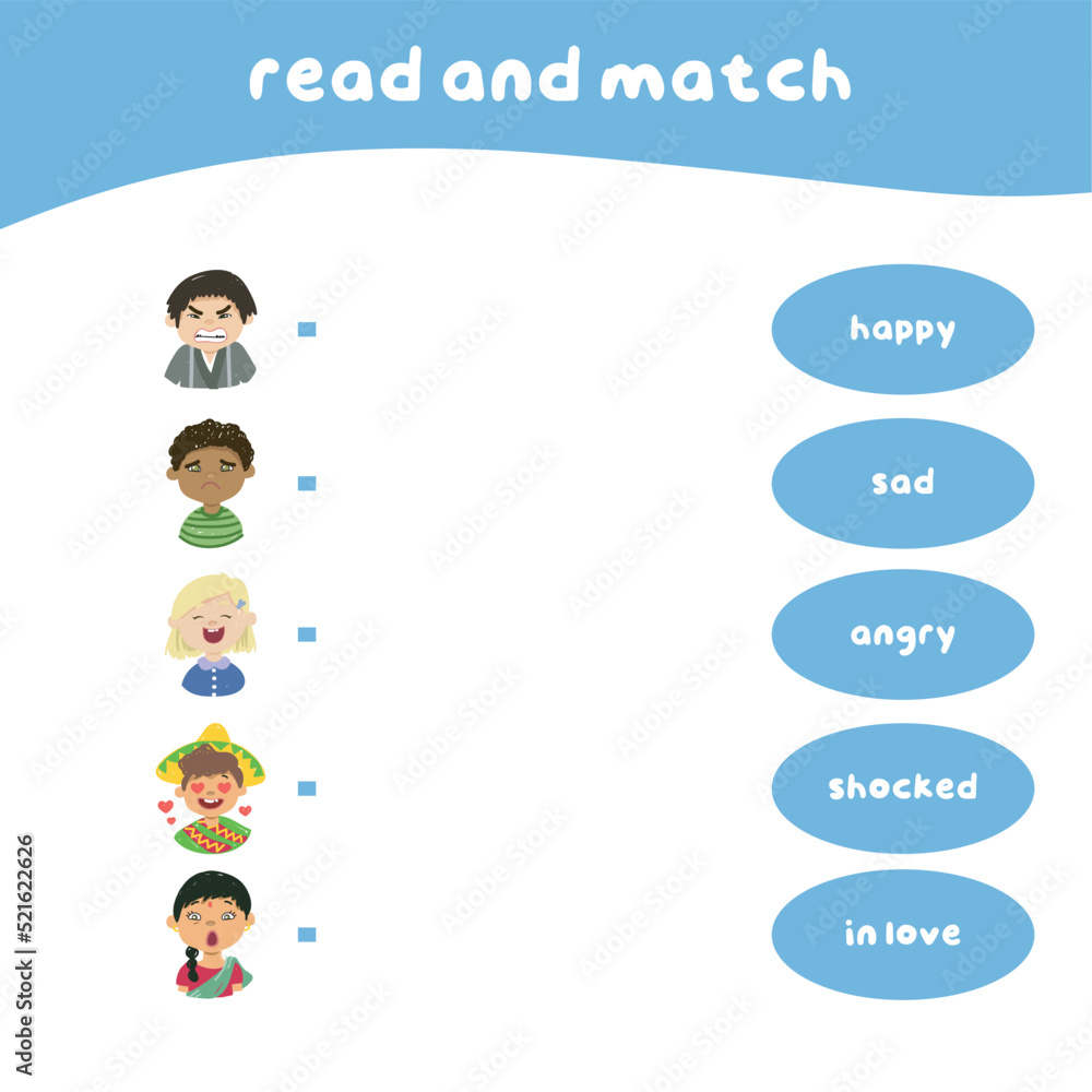 Read and match worksheet game. Feeling vocabulary with cute kids. Matching words with images. Vector illustration. Read and match worksheet game. Feeling vocabulary with cute kids. Matching words with images. Vector illustration.