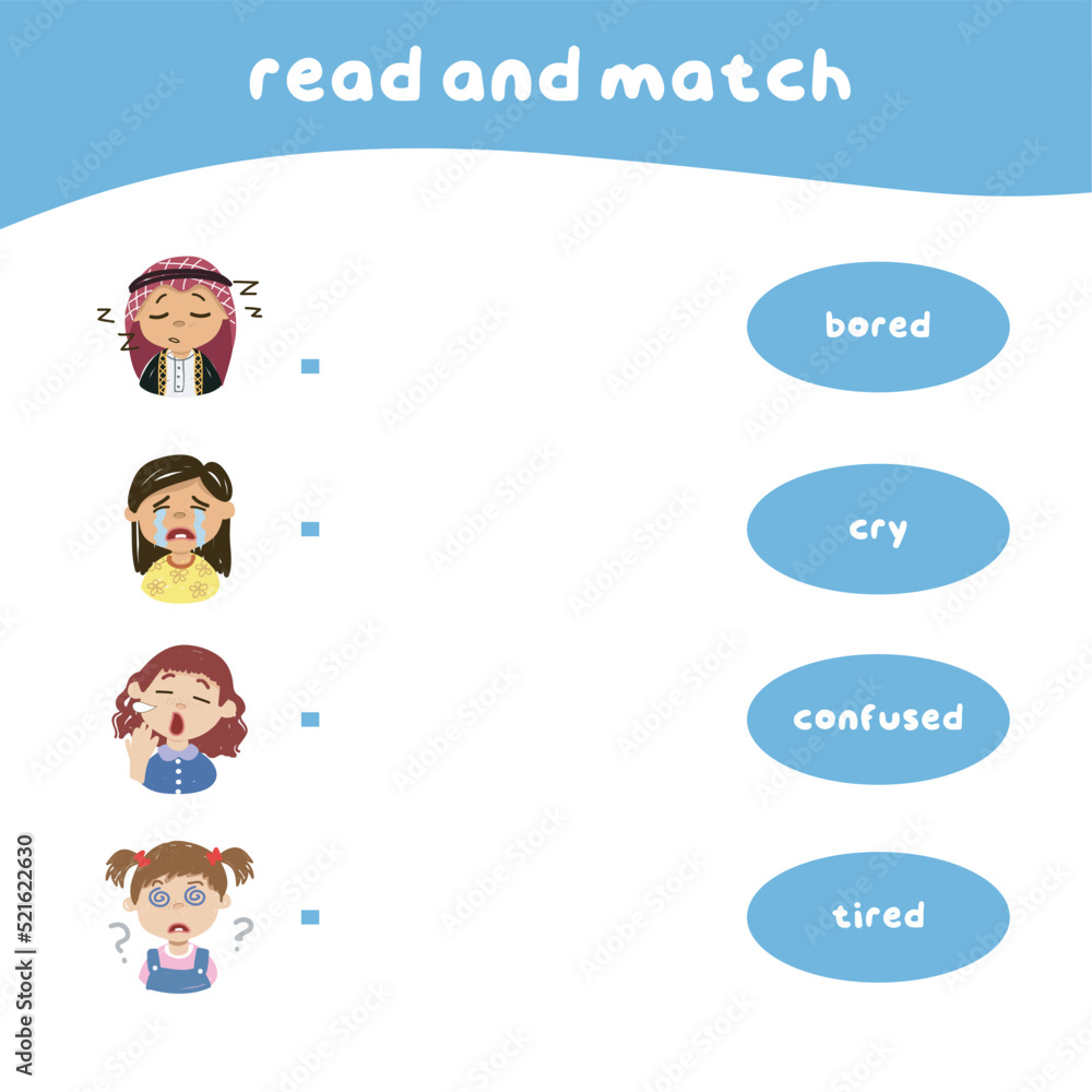Read and match worksheet game. Feeling vocabulary with cute kids