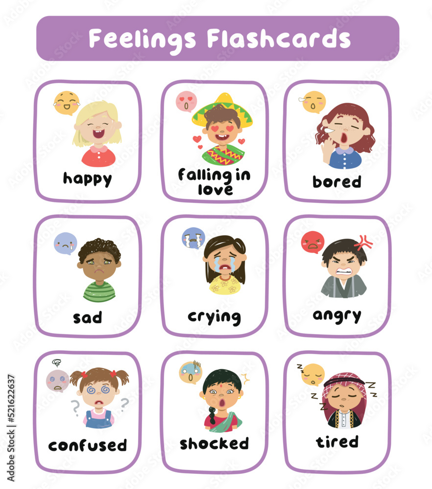 Set of children expressing feelings with adjective words illustration. Set of children expressing feelings with adjective words illustration.