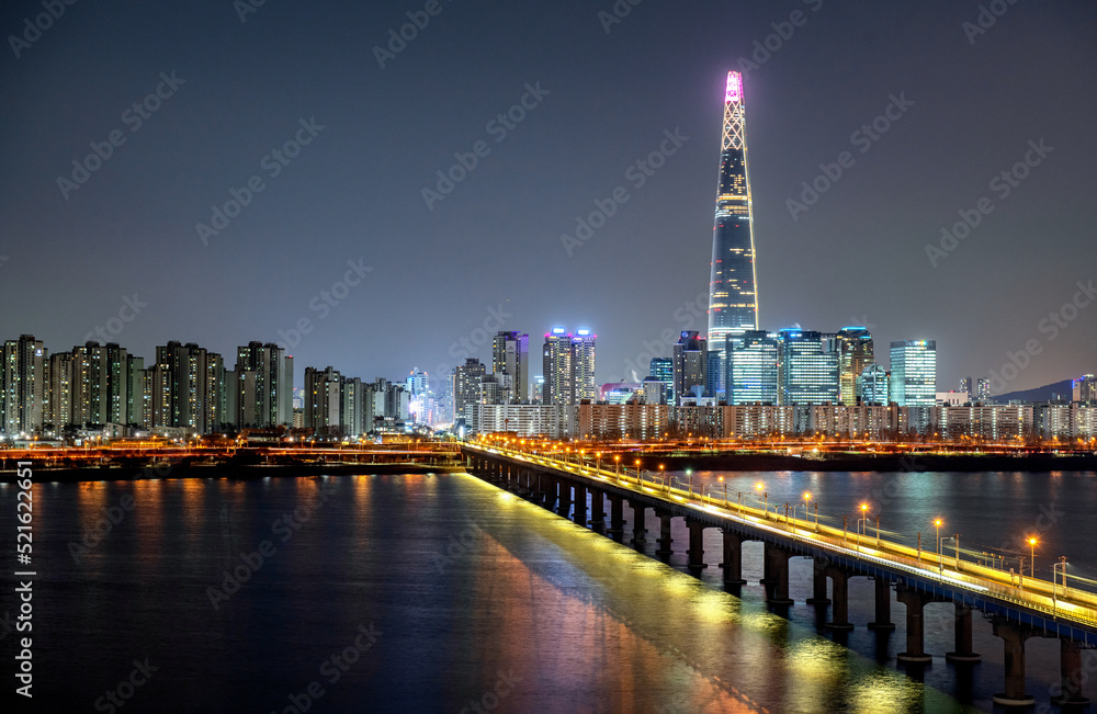 city skyline at night, Seoul South Korea.