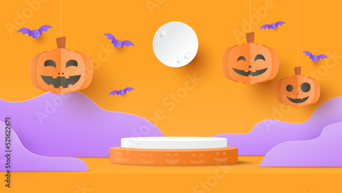 Halloween sale promotion. Podium platform to show product with focus to the table top in the foreground. Empty tabletop with pumpkin on orange background. Paper cut and craft style illustration