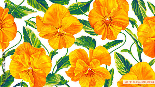 Botanical background with realistic yellow flowers of Pansies, Viola. Vector inflorescences, petals and leaves for desktop wallpaper on computer or tablet, banners, social media, advertising.