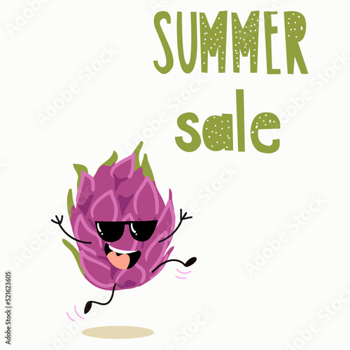 Vector illustration character, cartoon pitaya, pitahaya, dragon fruit joyful runs. Lettering summer sale.